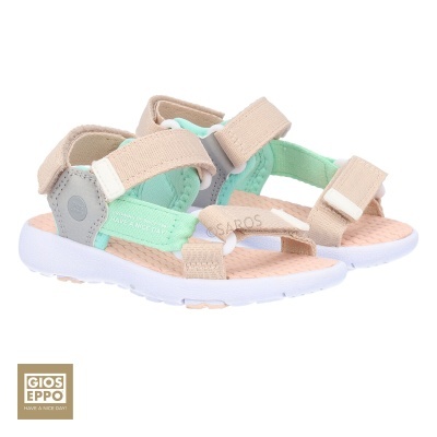 Sandálias para criança bege e verde menta com sola branca e fechos de velcro