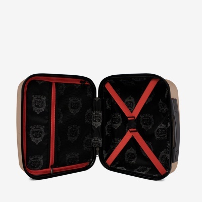 Mala de viagem de mão preta aberta com interior preto e vermelho