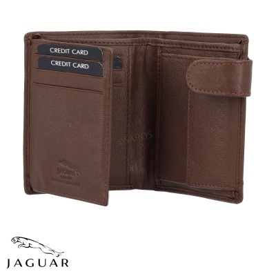 Carteira Jaguar castanha em couro, aberta, com compartimentos para cartões e fecho com botão.