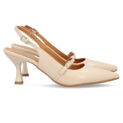 Sapatos slingback bege claro com salto médio invertido e bico fino
