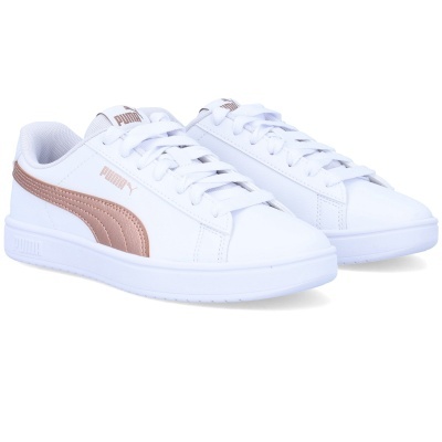 Ténis Puma brancos com detalhe rosa metálico e logotipos