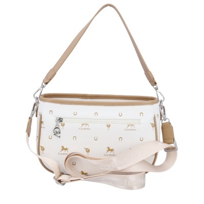 Mala branca com padrão dourado de cavalos e ferraduras, com alças castanha e bege