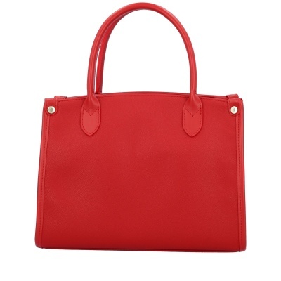 Mala de mão vermelha com alças arredondadas e detalhes metálicos