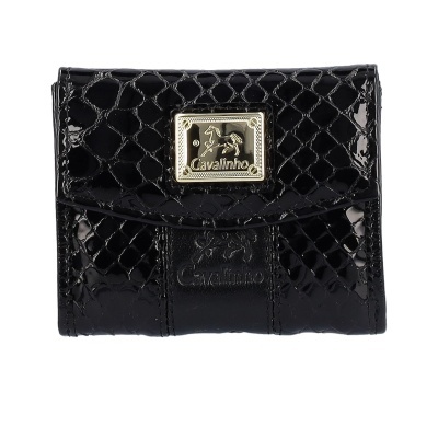 Carteira preta em verniz com textura de escamas e placa metálica dourada Cavalinho