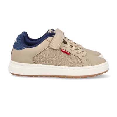Sapatilhas Levis bege com malha e couro sintético, detalhe azul e sola branca.