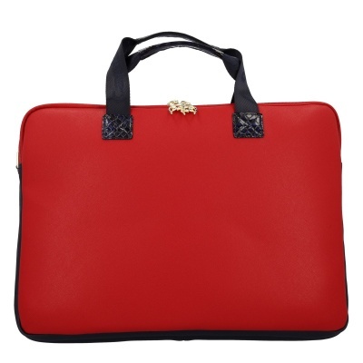 Mala de mão retangular vermelha com alças pretas e fecho dourado