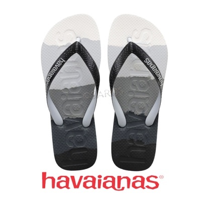 Chinelos Havaianas em branco, cinza e preto com logo e textura visível