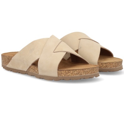 Sandálias chinelo com tiras cruzadas em camurça bege e sola de cortiça