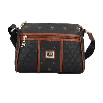 Mala de tiracolo preta com detalhes castanhos e padrão Cavalinho