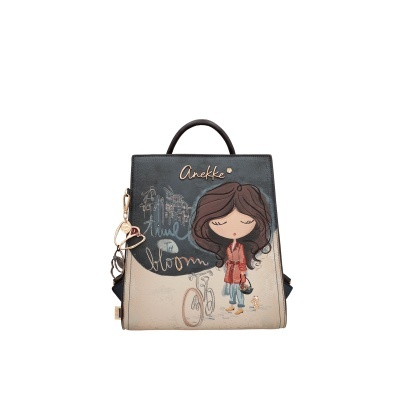 Mochila quadrada com ilustração de menina e bicicleta e texto Anekke time to bloom