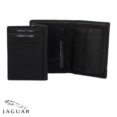 Carteira preta de homem com vários compartimentos, cartões com texto CREDIT CARD, marca Jaguar