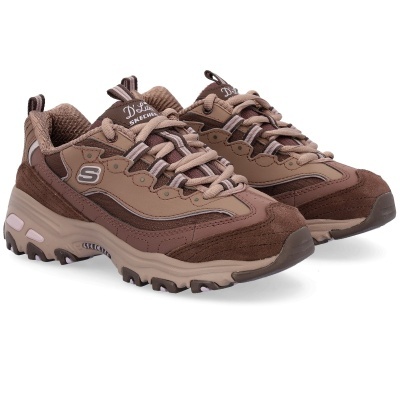 Sapatilhas Skechers DLites castanhas com sola robusta e detalhes em rosa claro