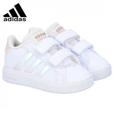 Sapatilhas infantis Adidas brancas com riscas iridescentes e fecho de velcro