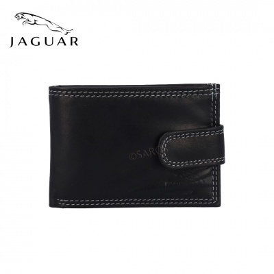 Carteira preta em couro com costuras brancas e fecho botão