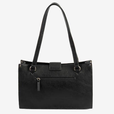 Bolsa preta de mão com alças finas e bolso exterior