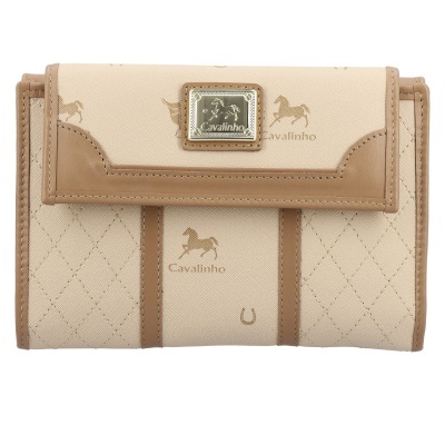 Carteira bege e castanha com padrão de cavalos e placa metálica Cavalinho
