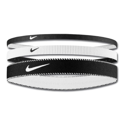 Três bandas desportivas Nike em preto e branco com diferentes larguras.