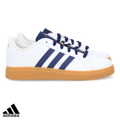 Ténis Adidas brancos com riscas azuis e sola castanha