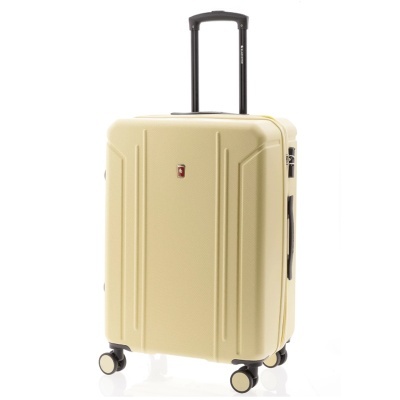 Mala de viagem rígida bege com rodas e pega extensível preta