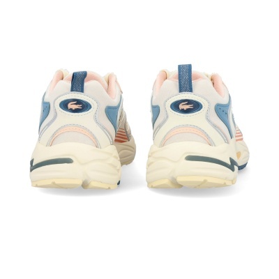 Par de sapatilhas creme com detalhes azuis e rosa claro e logótipo Lacoste