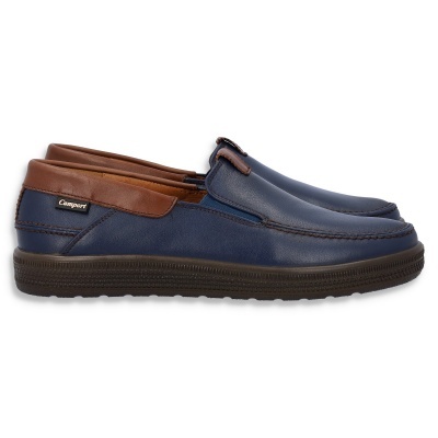Sapatos mocassim Casport azuis e castanhos com sola preta