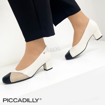 Sapatos de senhora Piccadilly branco com biqueira preta e detalhe bege, salto médio em bloco