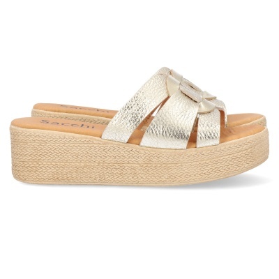 Sandália plataforma senhora tiras prateadas e sola alta natural