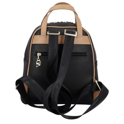 Mochila preta com detalhes em bege e alças pretas ajustáveis