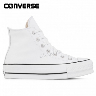 Ténis Converse branco de cano alto com sola de borracha e riscas pretas