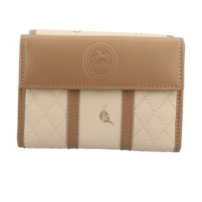 Carteira bege e castanha em tecido acolchoado e pele com logo Cavalinho