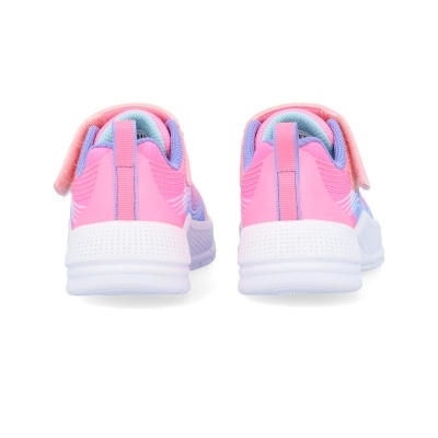 Ténis infantis cor de rosa, branco e azul claro com sola branca e fecho de velcro