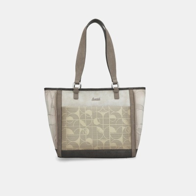 Mala tote bege com padrão geométrico e alças castanhas