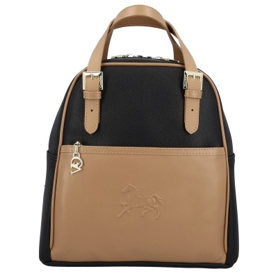 Mochila preta e castanha com relevo de cavalo e fecho de correr metálico