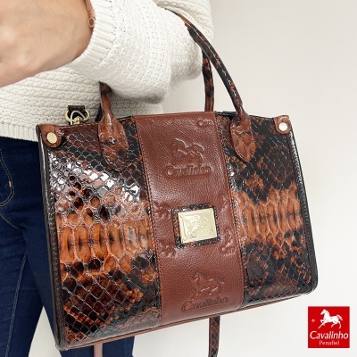 Mala Cavalinho padrão pele de serpente castanha com alças duplas