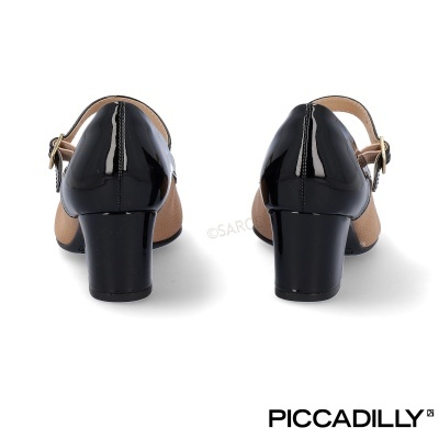 Sapatos femininos Piccadilly salto médio grosso preto e castanho com fivela
