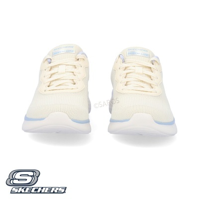 Sapatilhas Skechers creme com sola branca e detalhes azuis