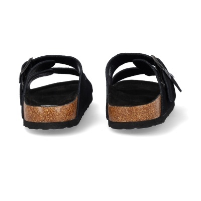 Sandálias pretas com sola de cortiça vistas de trás