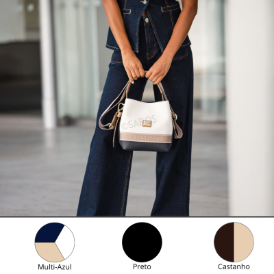 Mala pequena Cavalinho em branco, castanho e preto com duas pegas e correia ajustável