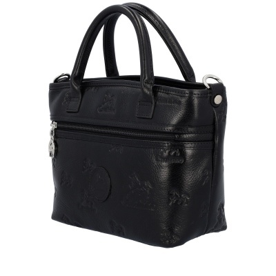 Mala preta com textura e logótipos em relevo, fecho frontal e alças curtas