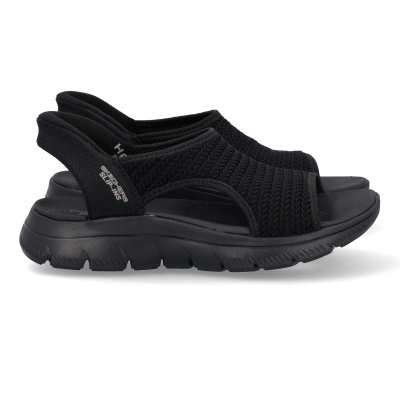 Sandálias pretas Skechers Slip-Ins com tecido texturizado e sola grossa preta