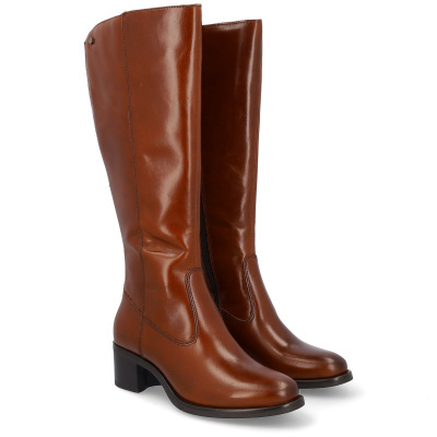 Botas altas de pele castanha com salto médio grosso preto