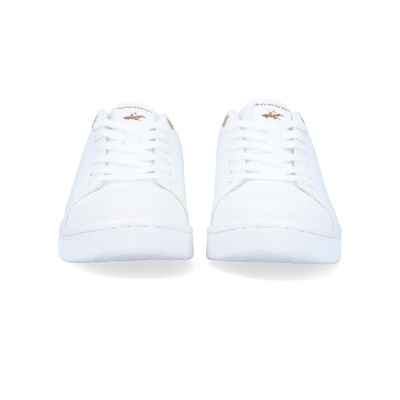 Sapatilhas brancas com detalhe dourado e sola branca