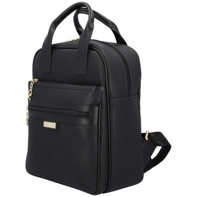 Mochila preta tipo couro com bolso frontal e alças de mão e de ombro