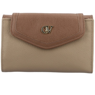 Carteira castanho claro e bege de couro com fecho e logótipo CV