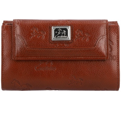 Carteira de senhora em pele castanha com gravuras de cavalos e placa metálica com nome Cavalinho.