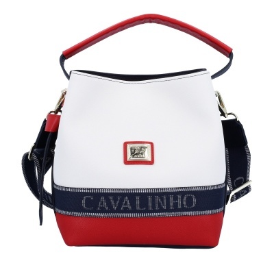 Mala de ombro branco, azul e vermelho com placa Cavalinho