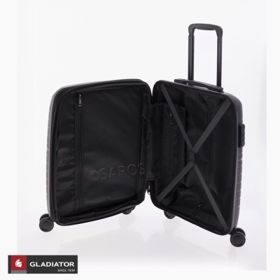 Mala de viagem rígida preta aberta com quatro rodas e alça extensível