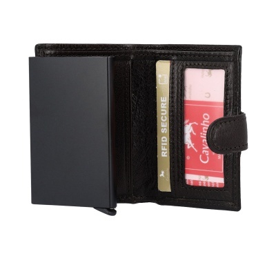 Carteira preta de pele com compartimentos para cartões e fecho de aba