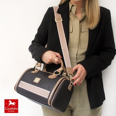 Mala castanho escuro e bege Cavalinho com alça larga e ferragens douradas