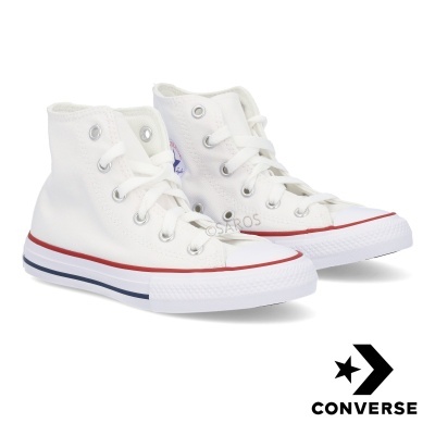 Sapatilhas Converse All Star brancas de cano alto com sola branca e detalhes em vermelho e azul